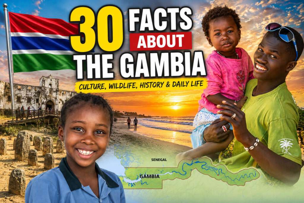 Collage representing The Gambia, featuring the Gambian flag, children, historic sites, coastline and a map of the country.